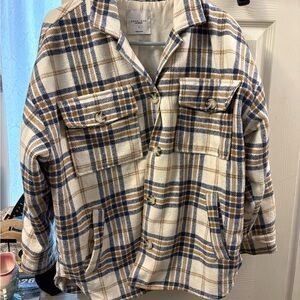 Angel Kiss Women's Plaid Button-Up flannel shacket Cream, Blue, Brown